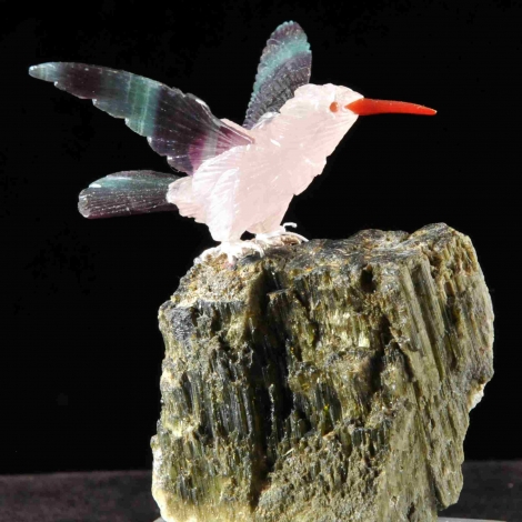 Colibri en quartz rose et fluorite